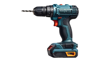 Teal and black power drill with bit, on black