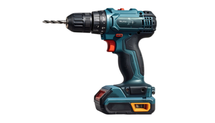 Teal and black power drill with bit, on black