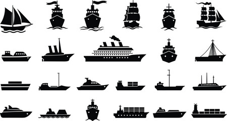 Silhouette icon set of ships and boats including sailboats, cargo vessels, and cruise liners for nautical and editorial vector content © Sagar