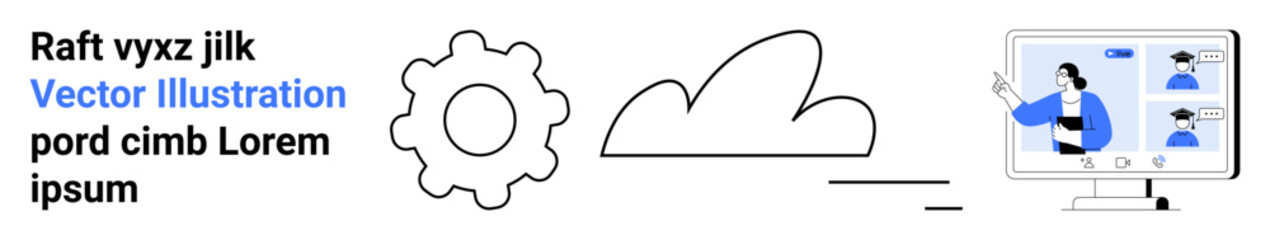 Cloud services, remote teamwork, virtual meetings, IT infrastructure, digital communication, software management. Design features cloud, gear and online interaction. Cloud services and remote
