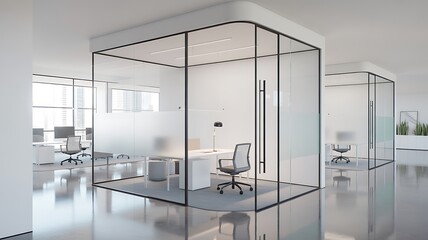 bright modern office interior, white background, blurred backdrop, glass partitions meeting room. High quality.