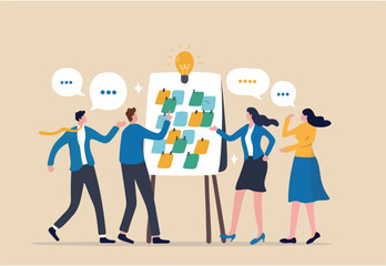 Workshop idea meeting brainstorm, people discussion or collaboration for business idea, teamwork or conversation in workplace, gathering solution concept, business people in brainstorm in workshop.
