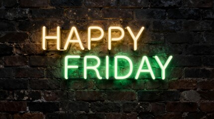 Fototapeta premium Vibrant neon sign glowing with happy friday message on rustic brick wall lit in evening ambiance