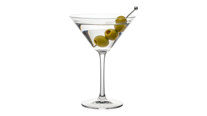 Classic martini cocktail with olives in a martini glass on black background