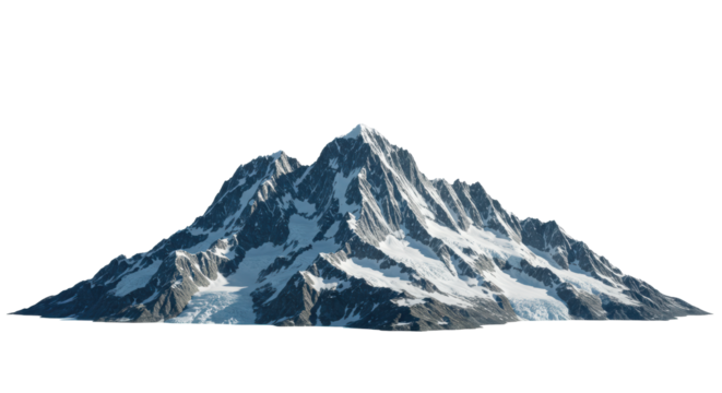 Colossal, rugged granite mountain range covered in fresh snow and ancient blue-tinged glaciers, wide-angle studio shot on transparent backdrop with high-contrast volumetric lighting, concept of