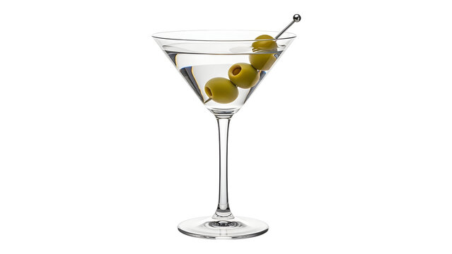Classic martini cocktail with olives in a martini glass on black background