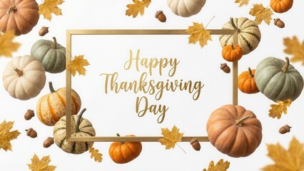 Luxury Happy Thanksgiving Day greeting card banner with pumpkins and golden autumn leaves on white background