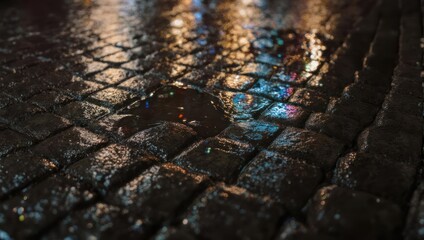 Nighttime cobblestone street reflecting city lights after rainfall.