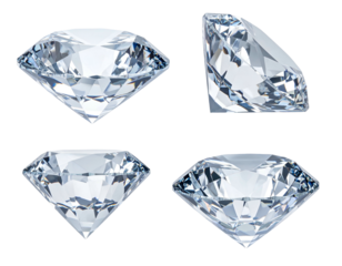 Four views of a sparkling, brilliant-cut, transparent gemstone