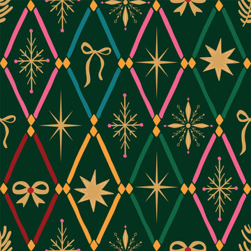 Geometric Christmas harlequin seamless pattern with bows, snowflakes, stars. Vector dark green rhombus, tile, diamond print, wallpaper, repeat background, textile design, fabric, wrap, gift paper.