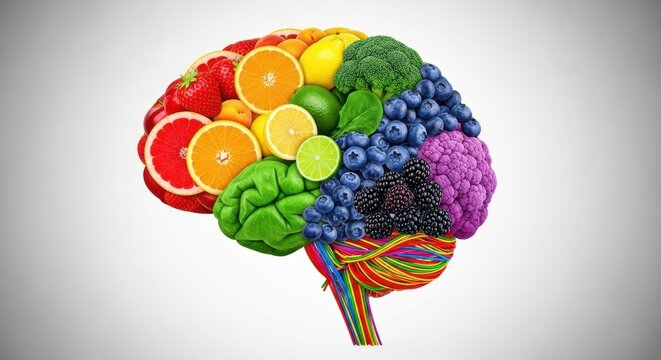 Brain health concept made of colorful fresh fruit and vegetable