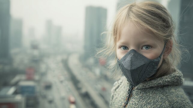 A young child wearing a protective mask overlooks a bustling urban landscape, highlighting the impact of air pollution on health and the environment amid a modern city backdrop.