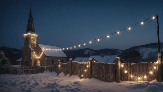 Winter Night Scene - Church and Fence Illuminated with String Lights.