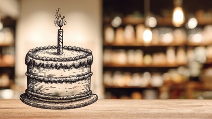 Cake with Lit Candle on Wooden Surface