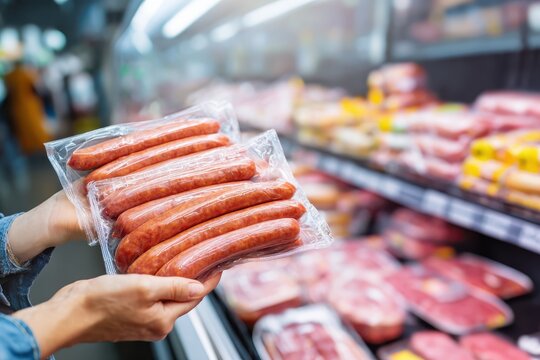 Woman buying packaging of Meat products in the department of supermarket. Customer holding a package of ground sausage. Grocery store cooler display. Food storage. Angled view of sausages links sale