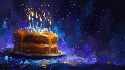 Chocolate cake with lit candles on a blue and purple background
