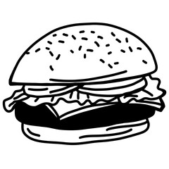Black and White Line Art of a Classic Cheeseburger with Lettuce and Tomato