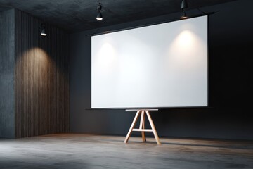 Whiteboard mock up on a wooden floor. Blank white board front. Empty marker board display standing tripod. Banner mockup 3d. Large office projector screen stand set. Flip chart business presentation
