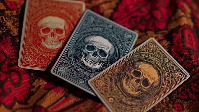 Skull playing cards on vintage patterned cloth, center black card rotates by itself to draw attention. Mysterious magic trick close-up cinematic shot
