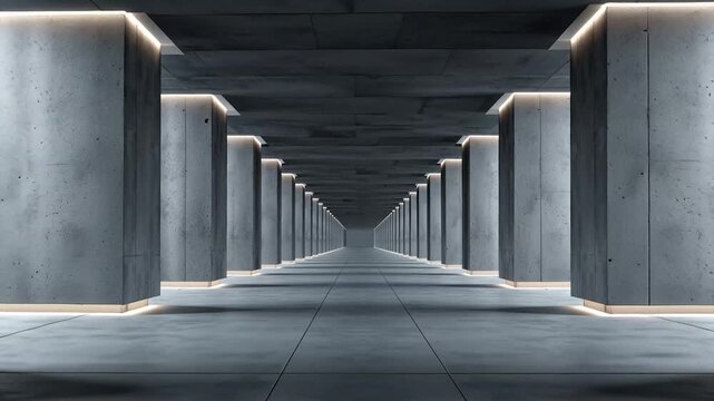 Symmetrical concrete columns stretch into the distance, illuminated by subtle lighting, creating a modern architectural marvel that impresses.