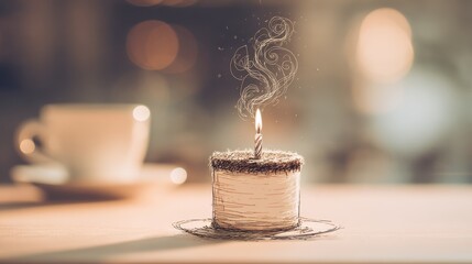Sketched Birthday Cake with Lit Candle and Coffee Cup