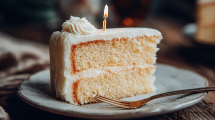 Slice of cake with candle and fork