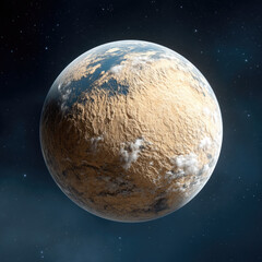 Arid desert planet with rocky surface, sparse clouds, blue atmosphere, floating in deep space, cosmic, mysterious, isolated
