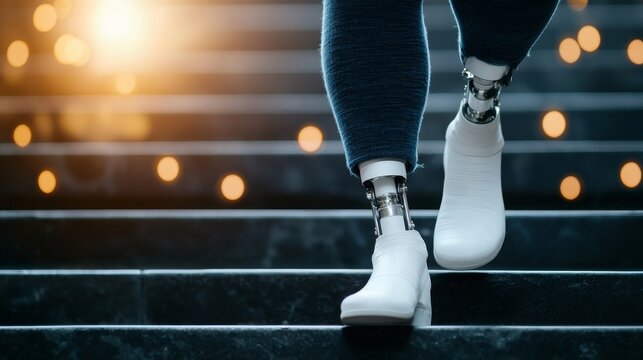 Bionic Leg Ascending Dark Stairs with Warm Bokeh Lights