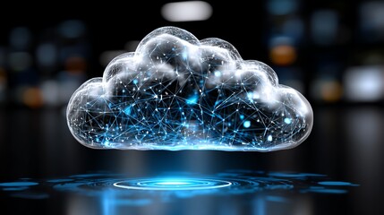 A futuristic cloud symbol representing digital connectivity and data transfer