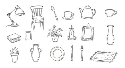 Black and white line drawings of various household objects arranged in rows
