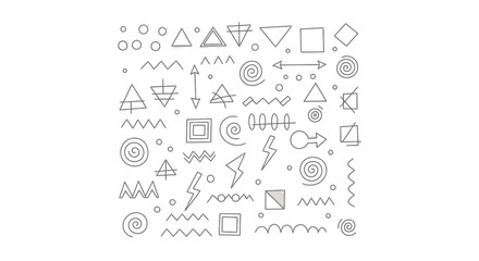 Collection of abstract handdrawn style geometric shapes and symbols in gray lines