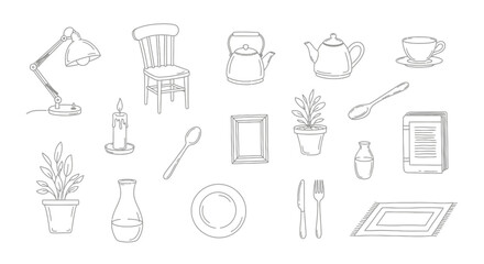 Collection of greyscale handdrawn household objects and decor items
