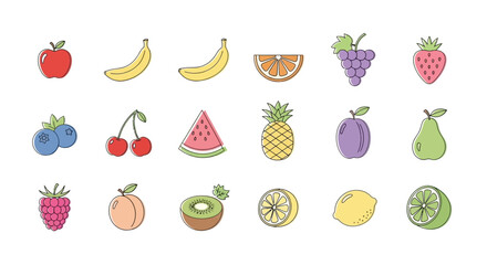 Three rows of colorful handdrawn style fruit icons on a white background
