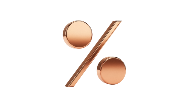 Elegant copper percentage sign isolated PNG on transparent background, financial symbol for business and marketing use