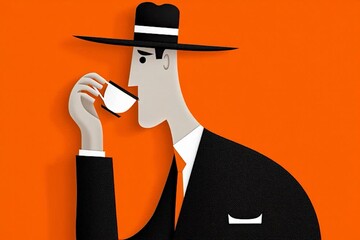 Illustration of a sophisticated man in a suit and hat, elegantly drinking tea or coffee against an orange background, showcasing minimalist design and love for coffee.