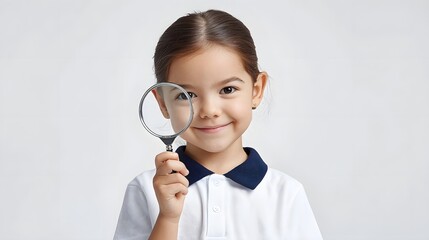 Close up of a happy child girl exploring with a magnifying glass showcasing curiosity and a sense of discovery