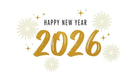 Celebrate the arrival of the new year 2026 with a festive design featuring golden numerals and sparkling fireworks on a white background