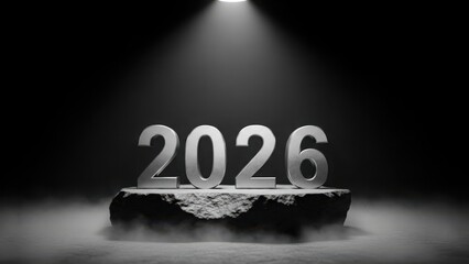 The year 2026 illuminated a bold metallic number displayed on a pedestal under a dramatic spotlight in a dark smoky environment