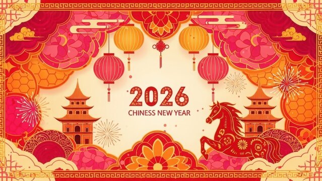 Vibrant chinese new year 2026 celebration featuring the year of the horse with traditional lanterns pagodas and festive decorations