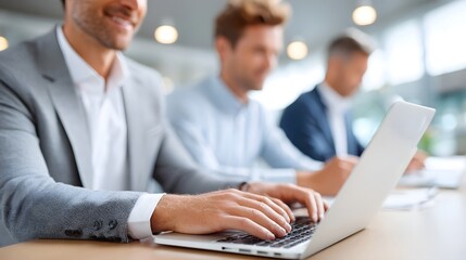 Professionals in business attire collaborating in a bright office environment with one man actively typing on a laptop symbolizing teamwork and modern corporate workflow