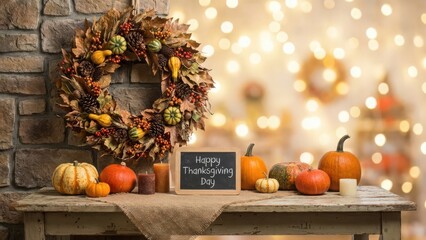 Cozy rustic autumn wreath and pumpkins decoration with Happy Thanksgiving Day sign and bokeh background
