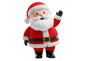 Obraz premium cute, stylized, plump kawaii santa mascot in red velvet suit, waving enthusiastically on a seamless transparent studio background. Concept of festive christmas joy