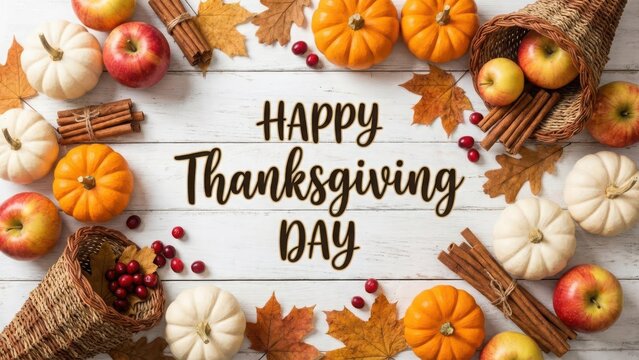 Happy Thanksgiving Day festive banner with pumpkins and autumn harvest flat lay on wood