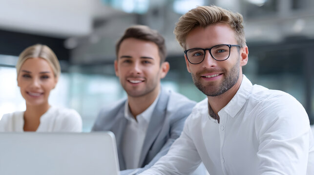 Three colleagues two men and one woman engage in a productive business meeting sharing ideas and positivity as they look towards the with a laptop on their table - Powered by Adobe