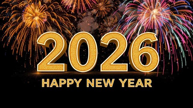 Happy New Year 2026 Celebration with Glittering Gold Text and Colorful Fireworks