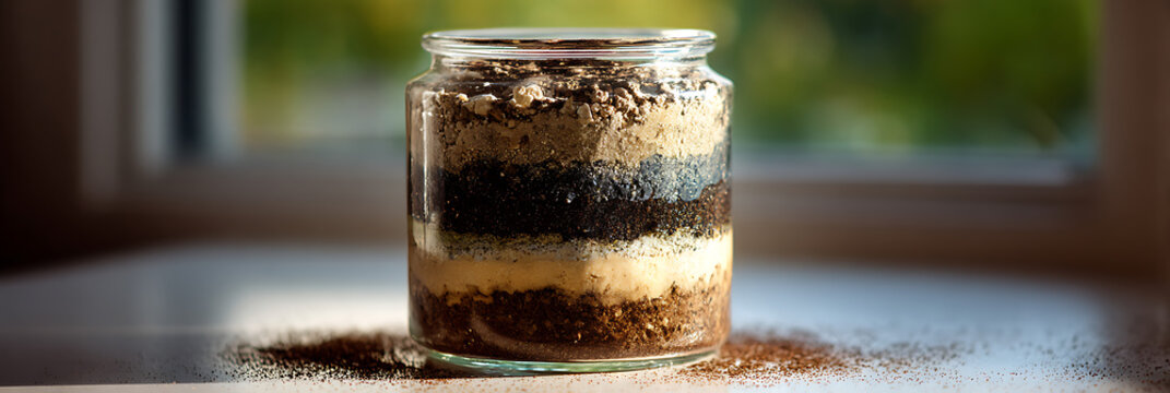 Glass jar filled with layers of soil and organic materials for terrarium or soil science experiment, blurred window background
