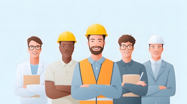 A diverse team of five men representing different industries wearing hard hats lab coats and professional attire pose together with confident expressions symbolizing collabo n and expertise