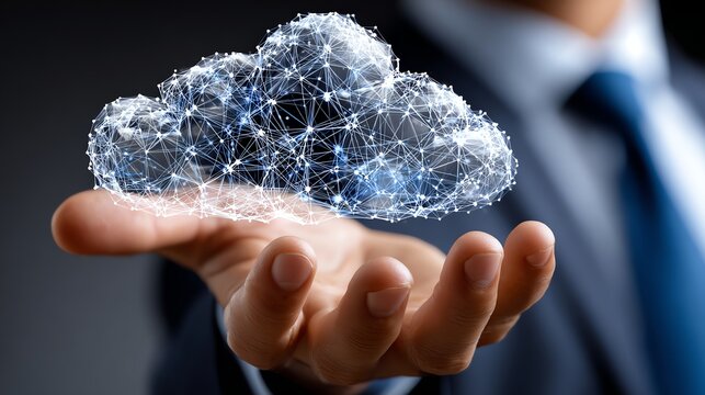 A business professional holds a conceptual cloud computing graphic in their palm