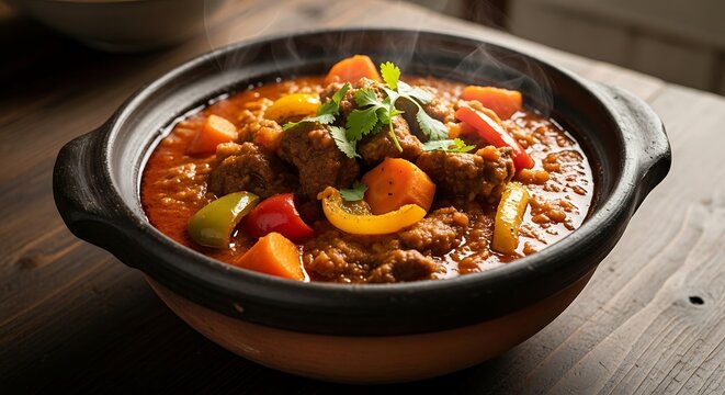 Hearty beef stew with carrots and peppers in a rustic clay pot