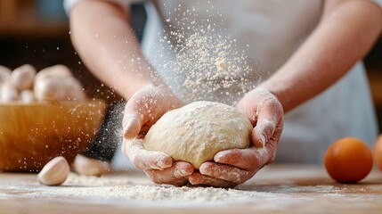 Hands Preparing Homemade Dough with Flour Scattering